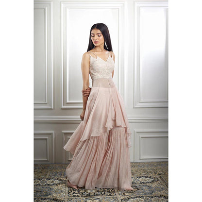MANDIRA WIRK Women Chanderi Peach Top with Cape and Sharara