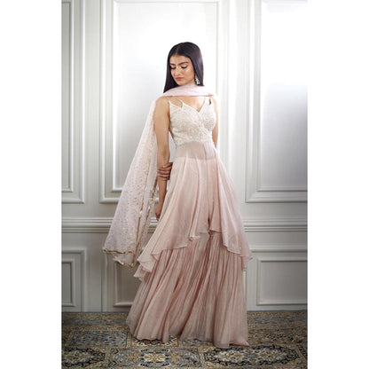 MANDIRA WIRK Women Chanderi Peach Top with Cape and Sharara