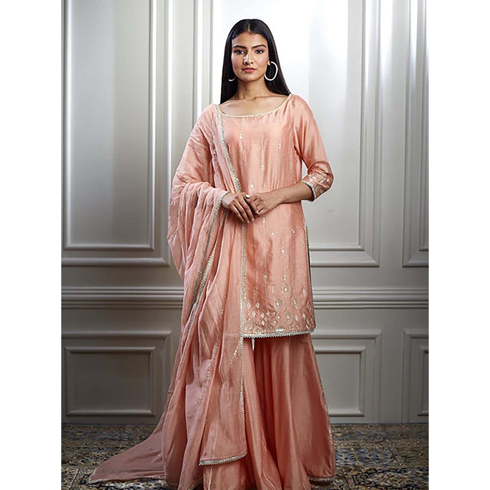 MANDIRA WIRK Women Chanderi Peach Kurta with Sharara and Dupatta