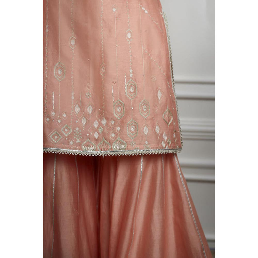 MANDIRA WIRK Women Chanderi Peach Kurta with Sharara and Dupatta
