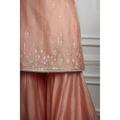 MANDIRA WIRK Women Chanderi Peach Kurta with Sharara and Dupatta