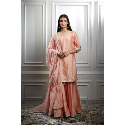 MANDIRA WIRK Women Chanderi Peach Kurta with Sharara and Dupatta