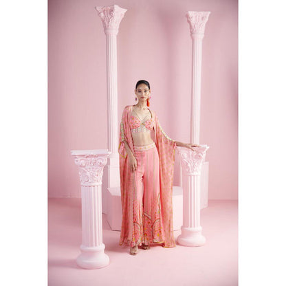 MANDIRA WIRK Women Chiffon Pink Top with Sharara and Cape