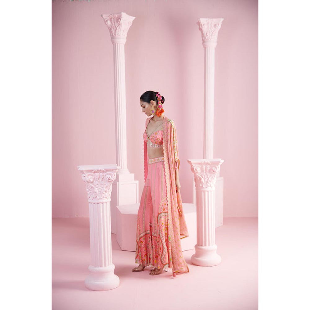 MANDIRA WIRK Women Chiffon Pink Top with Sharara and Cape