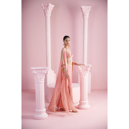 MANDIRA WIRK Women Chiffon Pink Top with Sharara and Cape