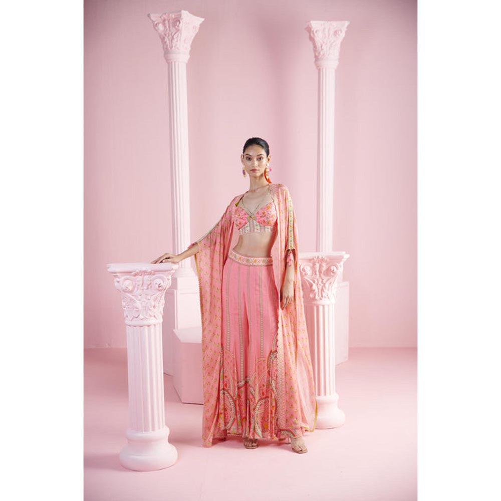 MANDIRA WIRK Women Chiffon Pink Top with Sharara and Cape