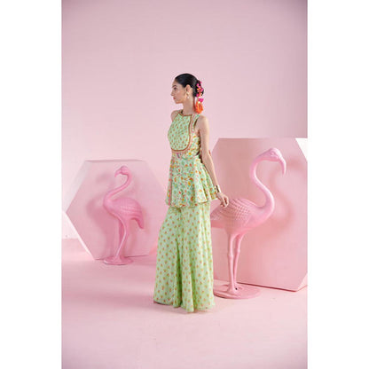 MANDIRA WIRK Women Chanderi Green Kurta with Sharara and Dupatta
