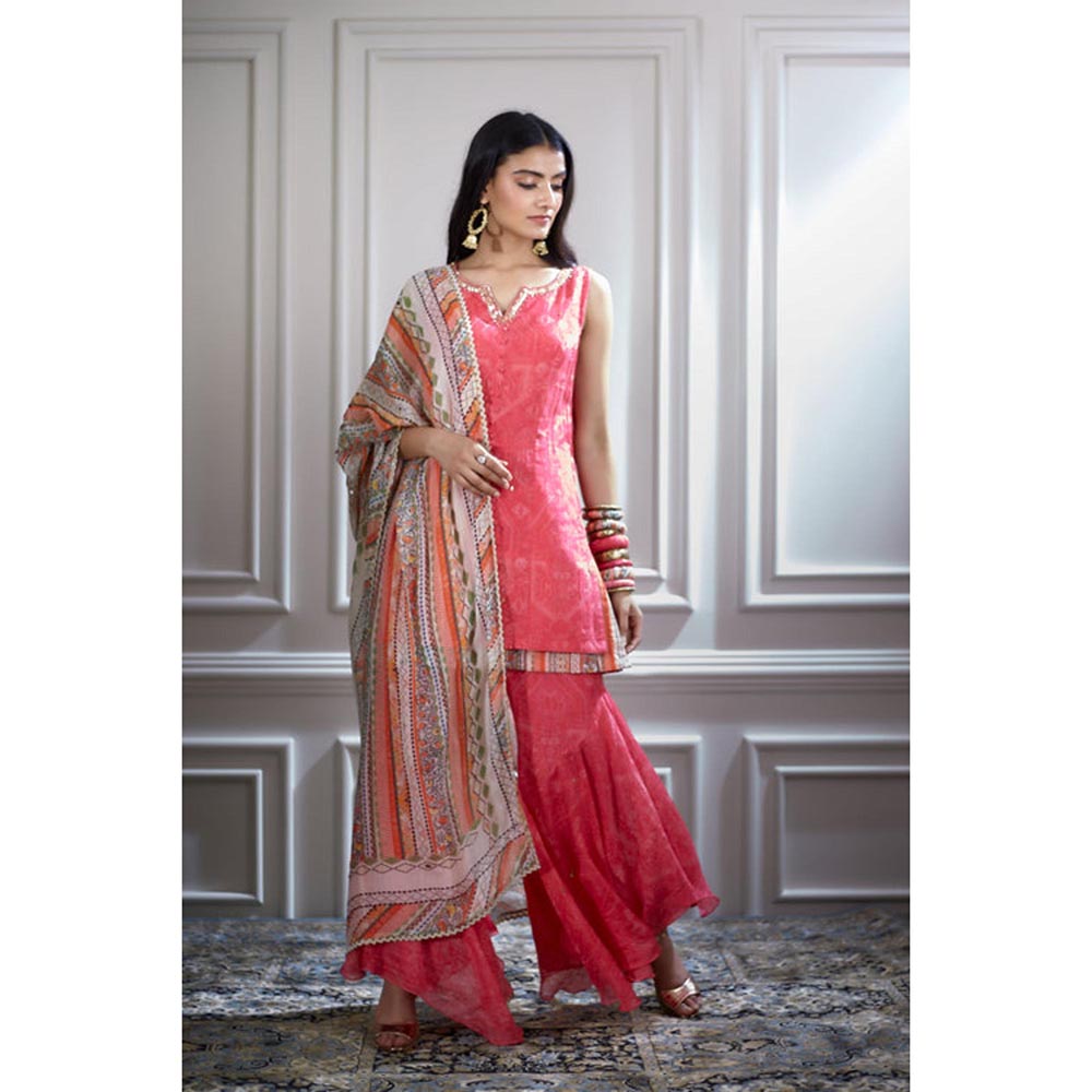 MANDIRA WIRK Women Chanderi Pink Kurta with Sharara and Dupatta