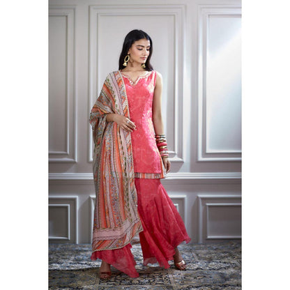 MANDIRA WIRK Women Chanderi Pink Kurta with Sharara and Dupatta