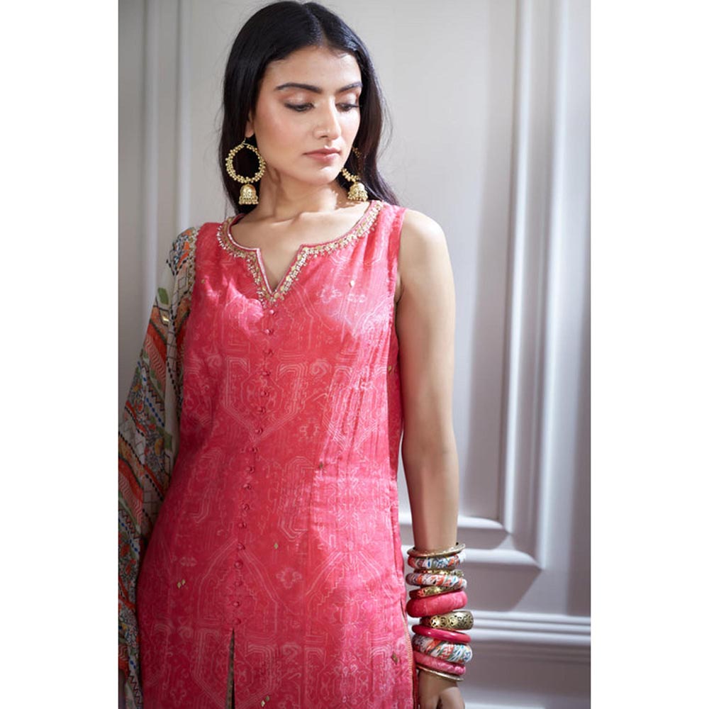 MANDIRA WIRK Women Chanderi Pink Kurta with Sharara and Dupatta