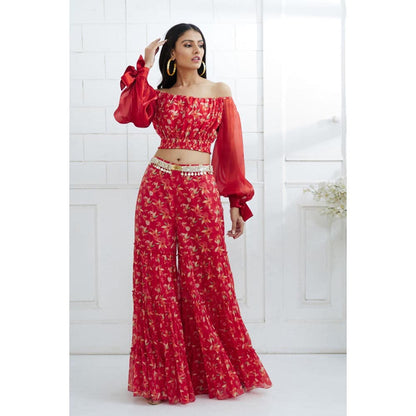 MANDIRA WIRK Women Chanderi Red Top with Sharara