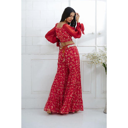 MANDIRA WIRK Women Chanderi Red Top with Sharara