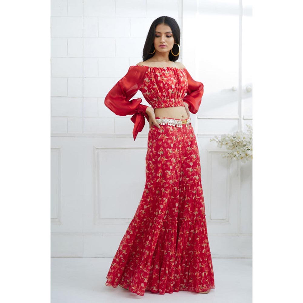 MANDIRA WIRK Women Chanderi Red Top with Sharara