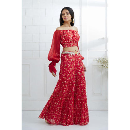 MANDIRA WIRK Women Chanderi Red Top with Sharara