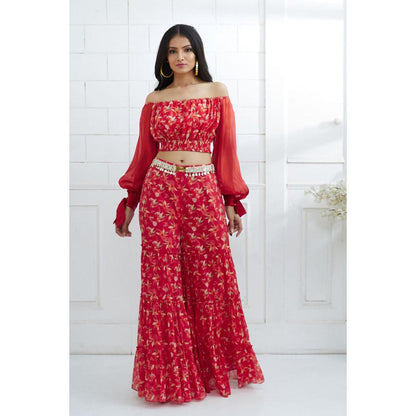 MANDIRA WIRK Women Chanderi Red Top with Sharara