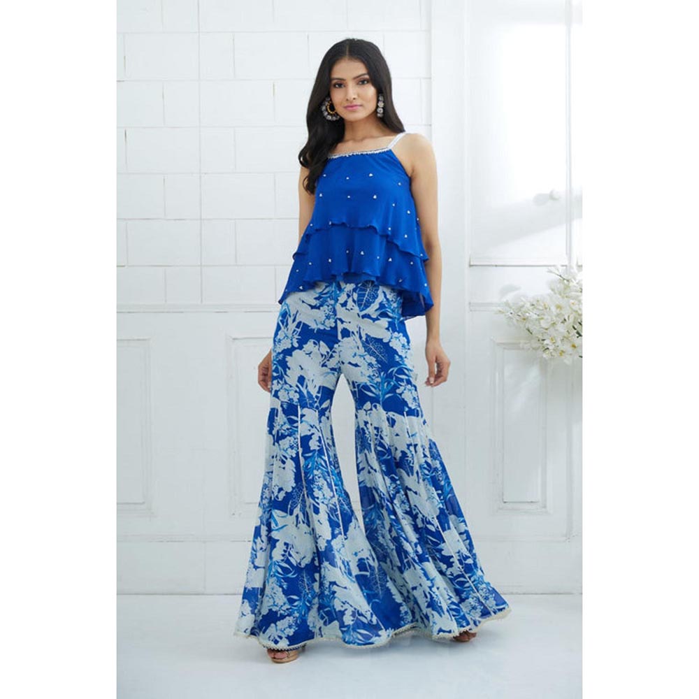 MANDIRA WIRK Women Chiffon Blue Top with Sharara