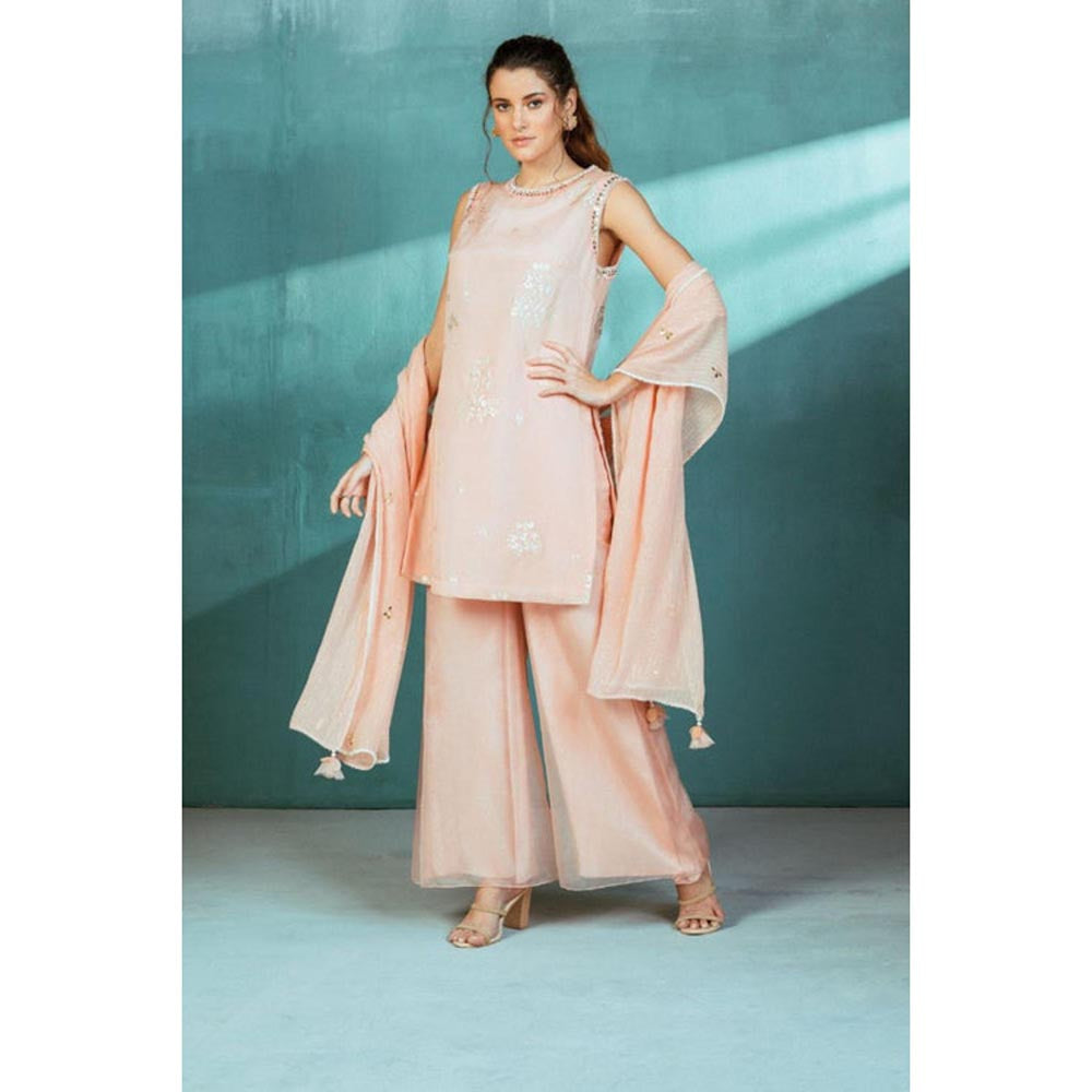 MANDIRA WIRK Women Chanderi Pink Kurta with Palazzo and Dupatta