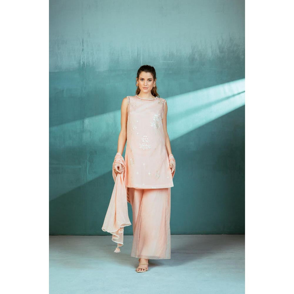 MANDIRA WIRK Women Chanderi Pink Kurta with Palazzo and Dupatta