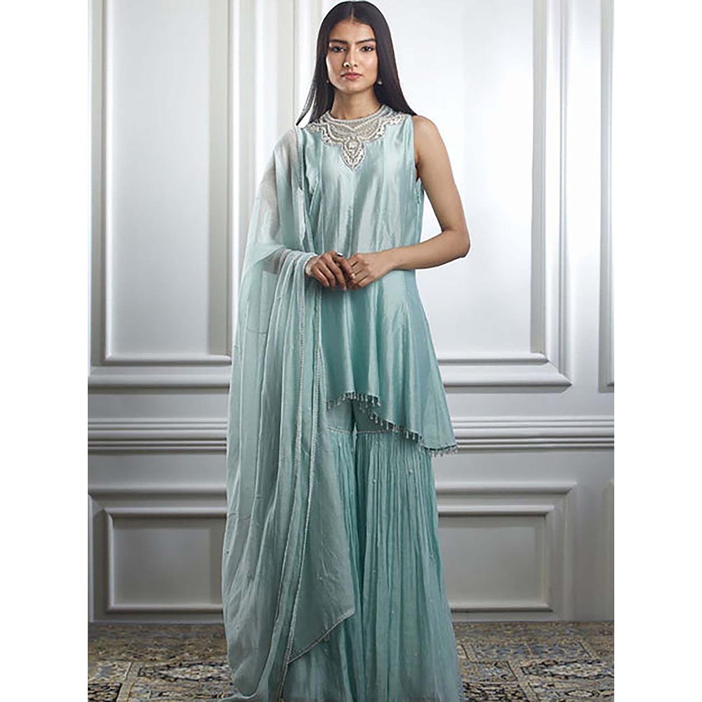 MANDIRA WIRK Women Chanderi Blue Kurta with Sharara and Dupatta