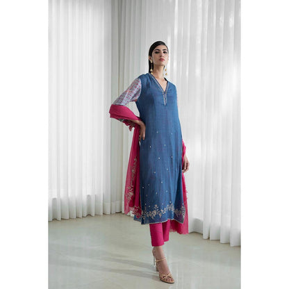 MANDIRA WIRK Women Chanderi Blue Kurta with Pant and Dupatta
