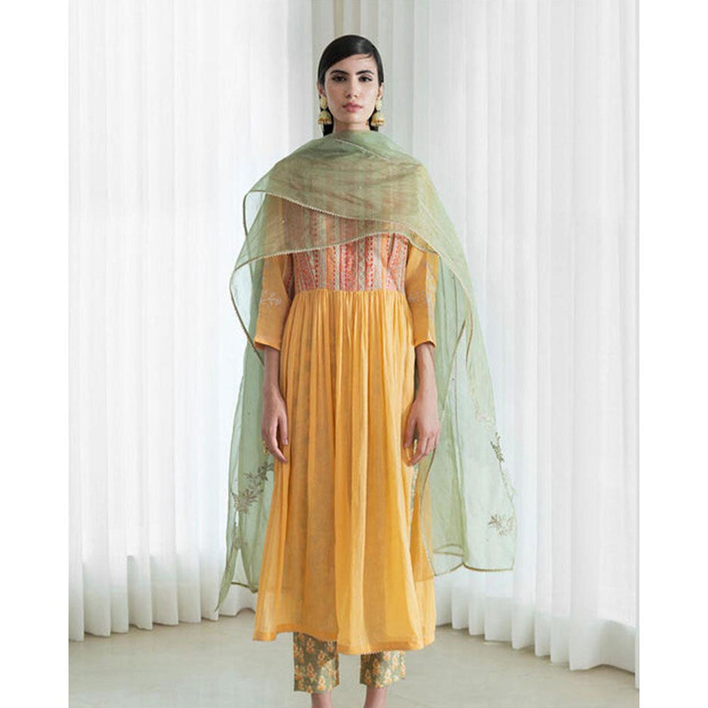 MANDIRA WIRK Women Chanderi Mustard Kurta with Pant and Dupatta