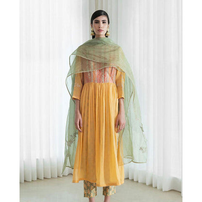 MANDIRA WIRK Women Chanderi Mustard Kurta with Pant and Dupatta