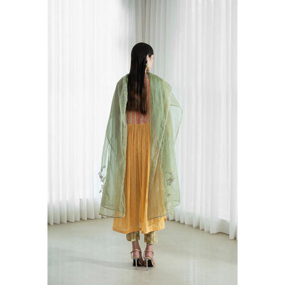 MANDIRA WIRK Women Chanderi Mustard Kurta with Pant and Dupatta