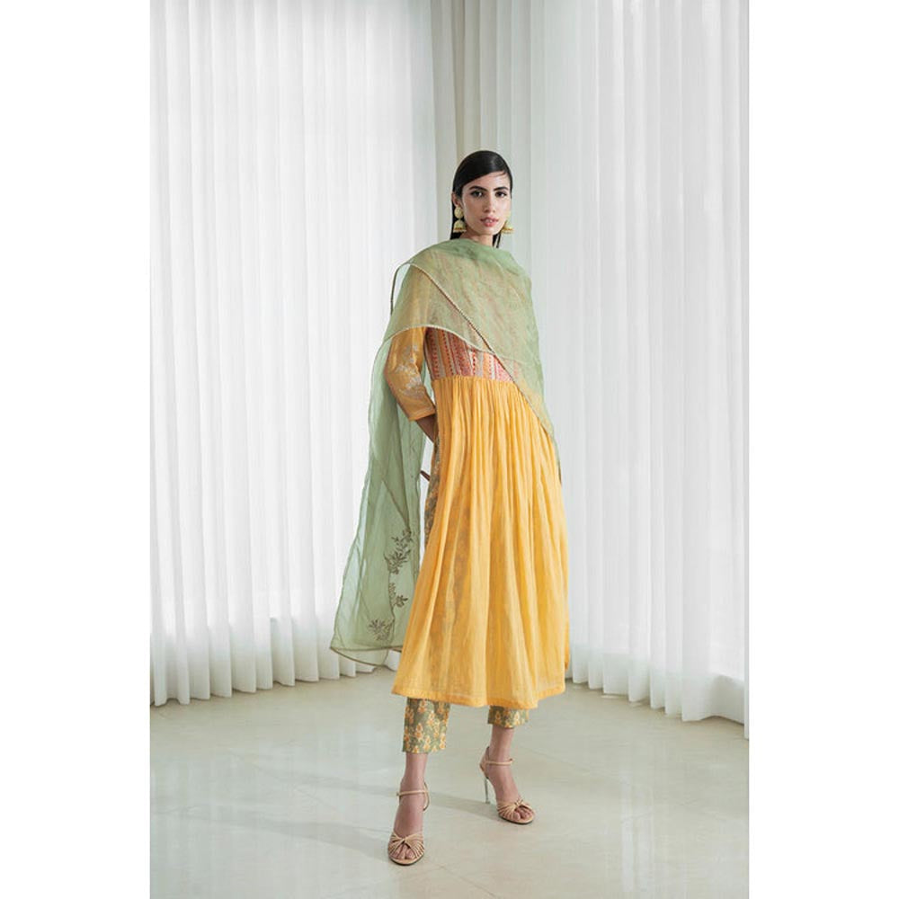 MANDIRA WIRK Women Chanderi Mustard Kurta with Pant and Dupatta