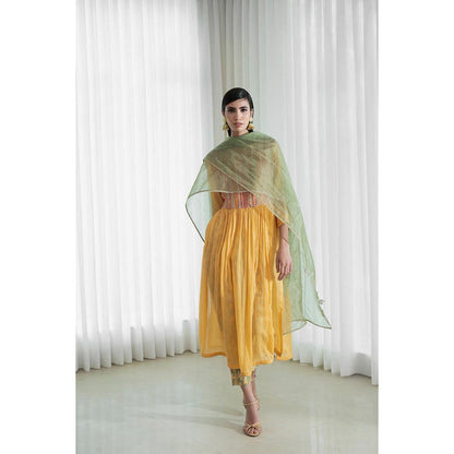 MANDIRA WIRK Women Chanderi Mustard Kurta with Pant and Dupatta