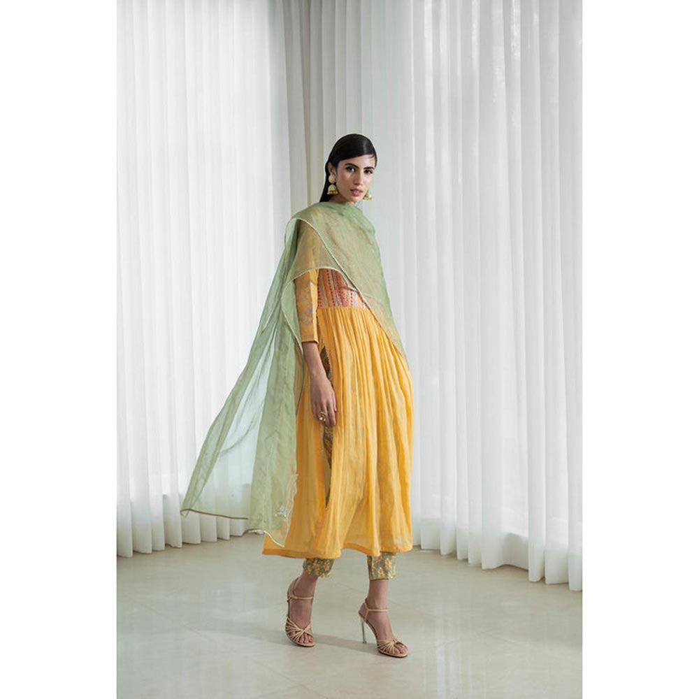 MANDIRA WIRK Women Chanderi Mustard Kurta with Pant and Dupatta