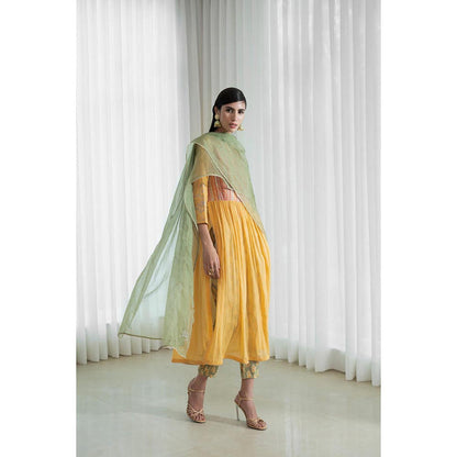 MANDIRA WIRK Women Chanderi Mustard Kurta with Pant and Dupatta