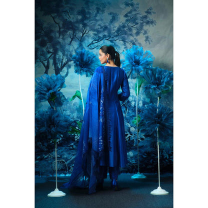MANDIRA WIRK Women Chanderi Indigo Anarkali with Churidar and Dupatta