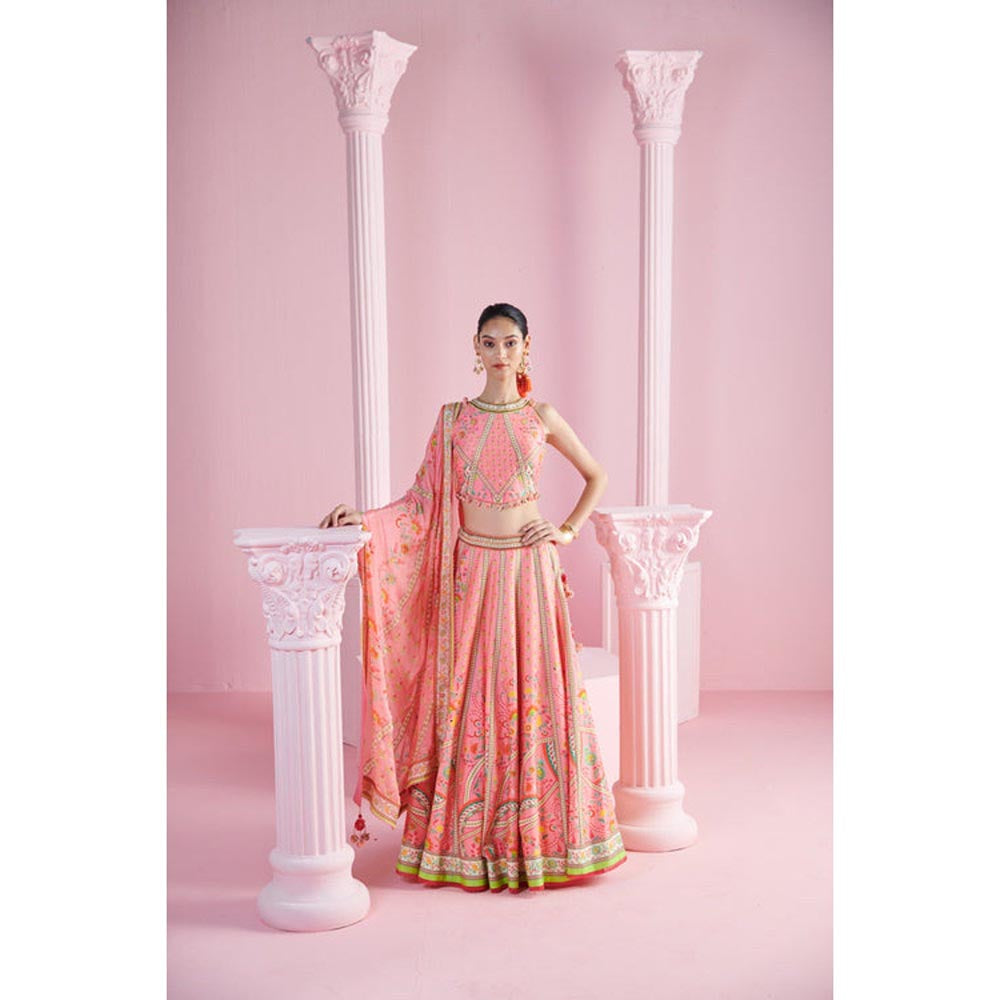 MANDIRA WIRK Pink Tassel Geometric Floral Lehenga Blouse with Dupatta