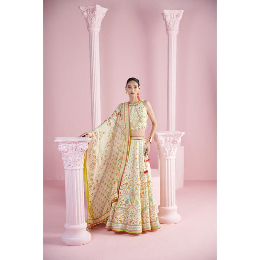 MANDIRA WIRK Lemon Blossom Top with Lehenga and Printed Dupatta