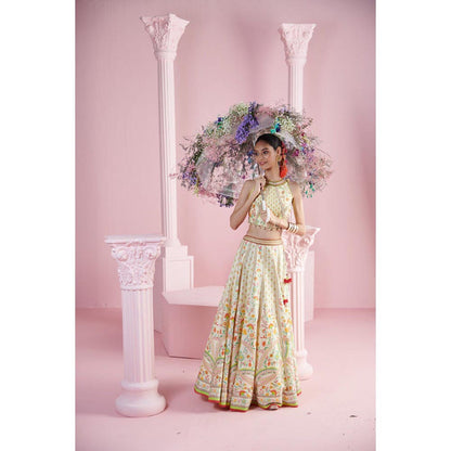 MANDIRA WIRK Lemon Blossom Top with Lehenga and Printed Dupatta