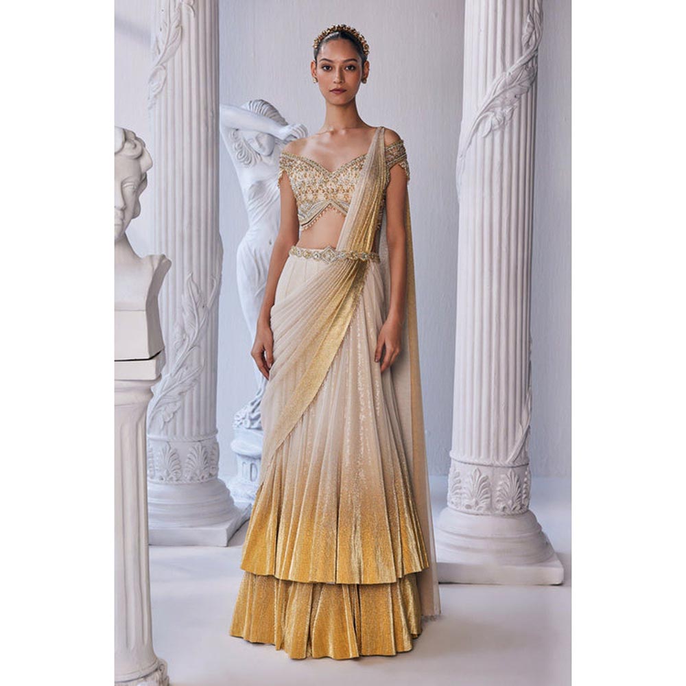 MANDIRA WIRK Gold Foil Draped Double Layer Lehenga Blouse With Dupatta
