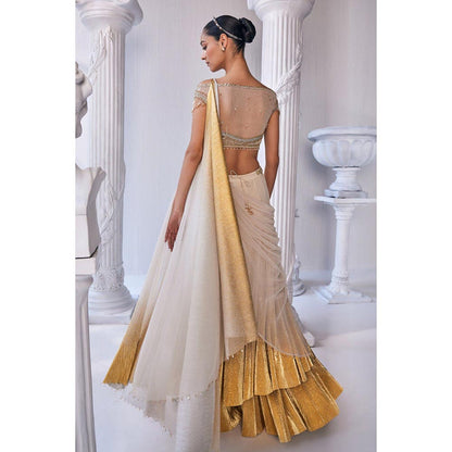 MANDIRA WIRK Gold Foil Draped Double Layer Lehenga Blouse With Dupatta