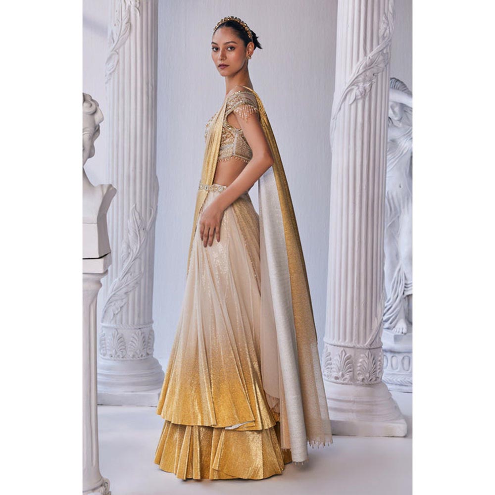 MANDIRA WIRK Gold Foil Draped Double Layer Lehenga Blouse With Dupatta