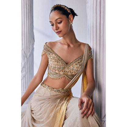 MANDIRA WIRK Gold Foil Draped Double Layer Lehenga Blouse With Dupatta