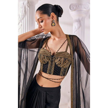 MANDIRA WIRK Black Draped Blouse Skirt With Dupatta