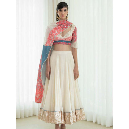 MANDIRA WIRK Printed Patchwork Ivory Blouse with Skirt and Dupatta