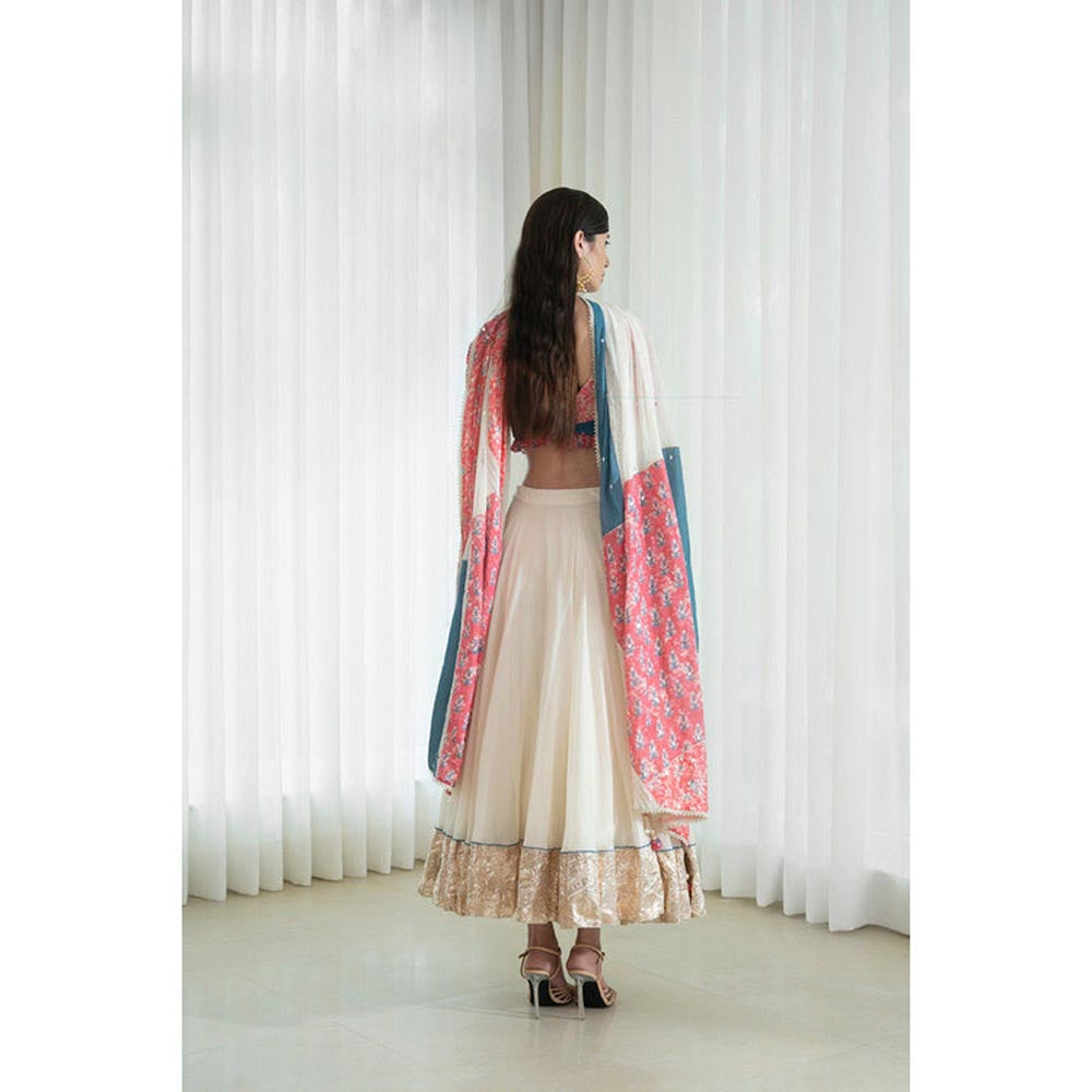 MANDIRA WIRK Printed Patchwork Ivory Blouse with Skirt and Dupatta