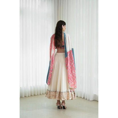 MANDIRA WIRK Printed Patchwork Ivory Blouse with Skirt and Dupatta