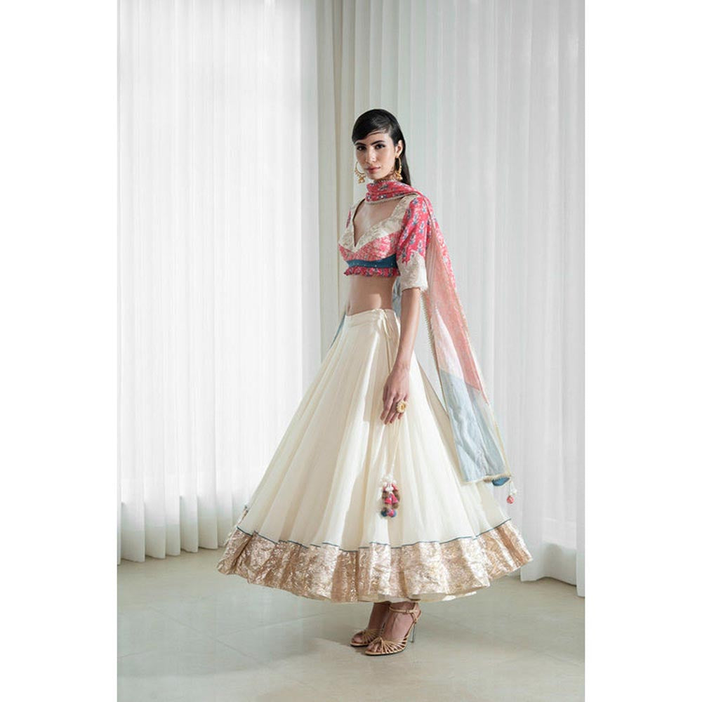 MANDIRA WIRK Printed Patchwork Ivory Blouse with Skirt and Dupatta
