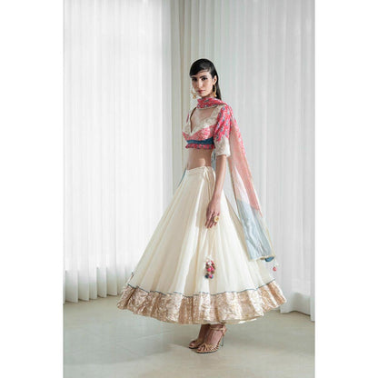 MANDIRA WIRK Printed Patchwork Ivory Blouse with Skirt and Dupatta