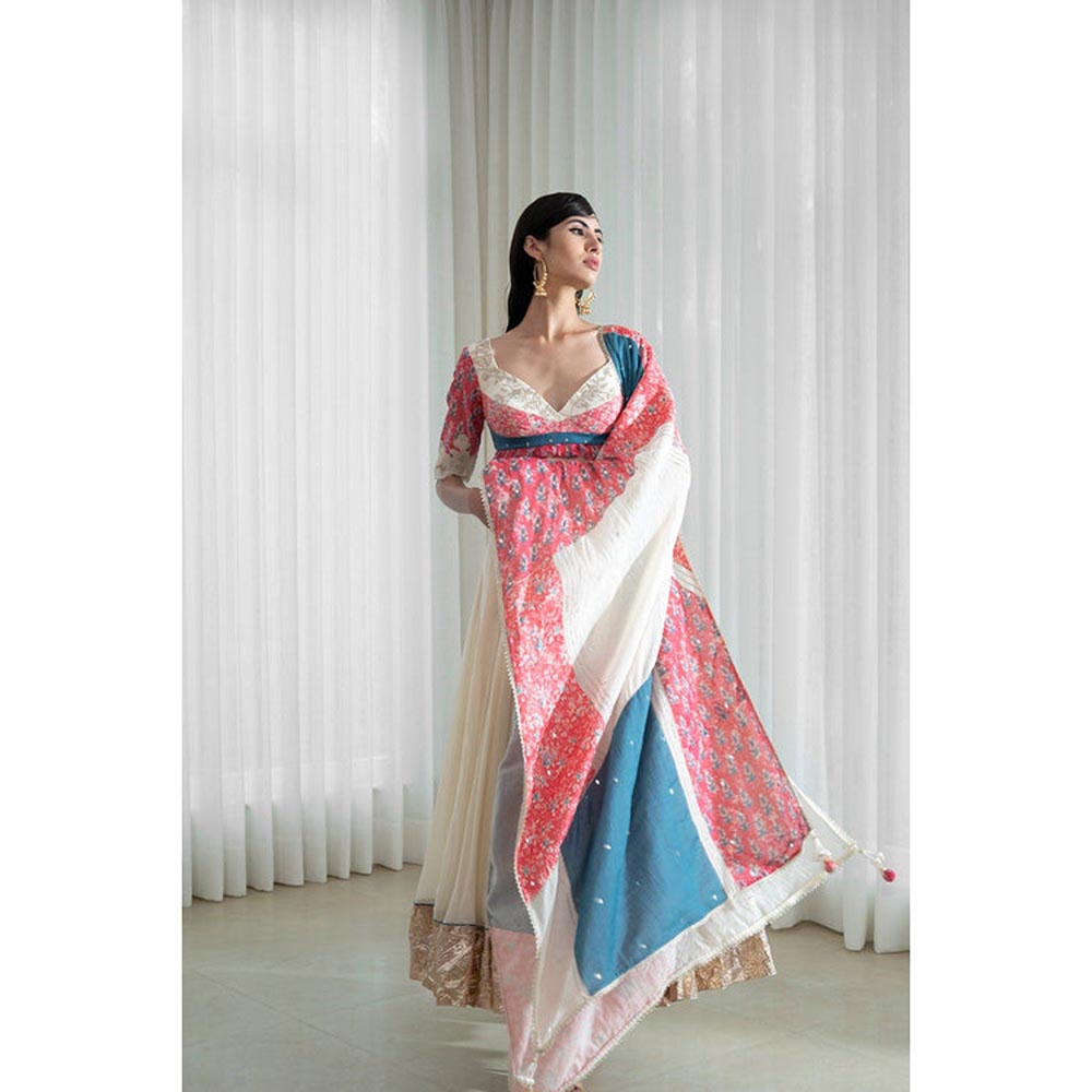 MANDIRA WIRK Printed Patchwork Ivory Blouse with Skirt and Dupatta