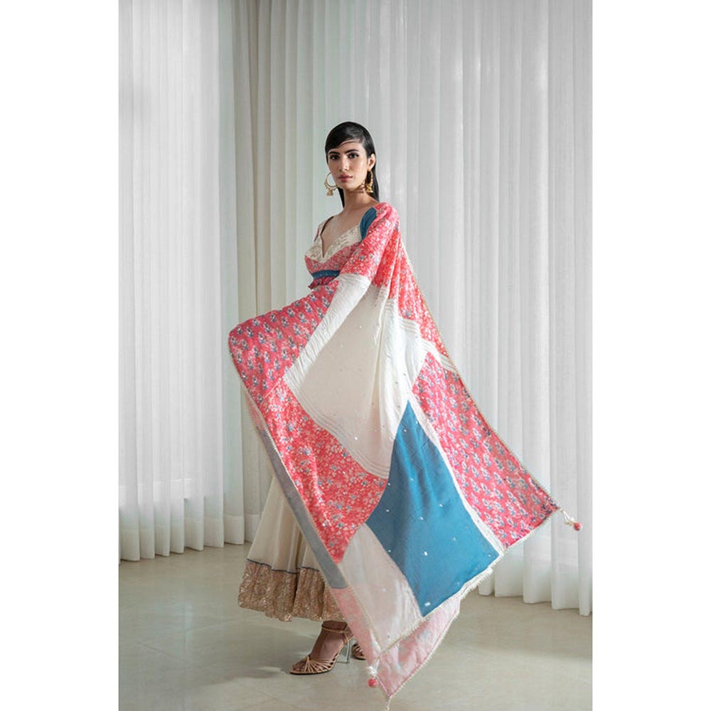 MANDIRA WIRK Printed Patchwork Ivory Blouse with Skirt and Dupatta