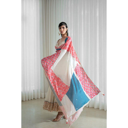 MANDIRA WIRK Printed Patchwork Ivory Blouse with Skirt and Dupatta