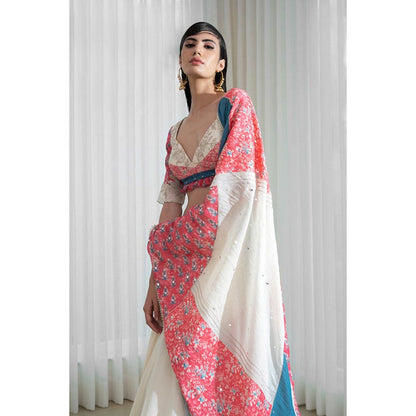 MANDIRA WIRK Printed Patchwork Ivory Blouse with Skirt and Dupatta