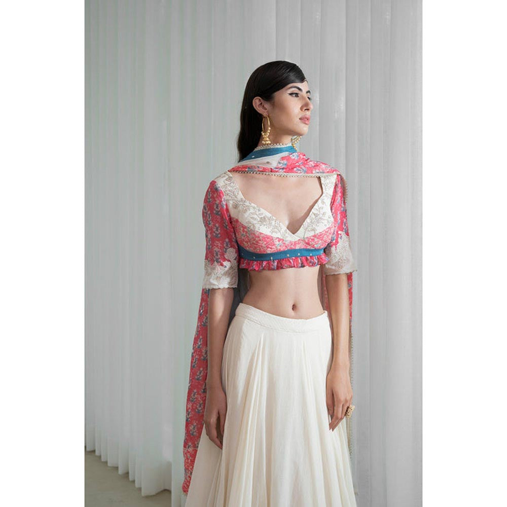 MANDIRA WIRK Printed Patchwork Ivory Blouse with Skirt and Dupatta